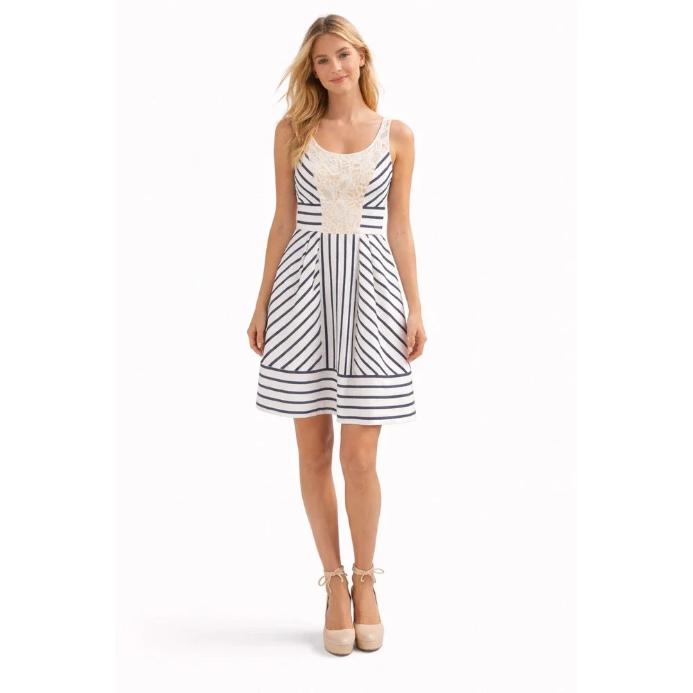 Maeve Anthropologie Navy Stripe Lace Fit & Flare Dress Size 2 Coastal Classic - Picture 1 of 7